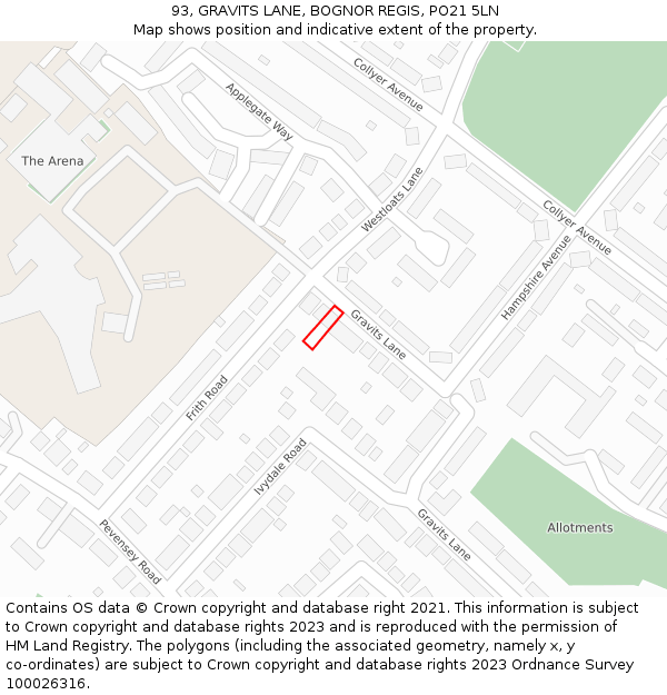 93, GRAVITS LANE, BOGNOR REGIS, PO21 5LN: Location map and indicative extent of plot