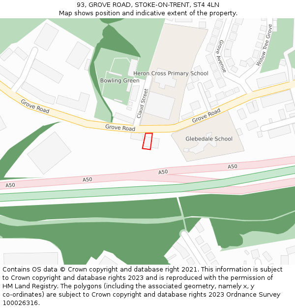 93, GROVE ROAD, STOKE-ON-TRENT, ST4 4LN: Location map and indicative extent of plot