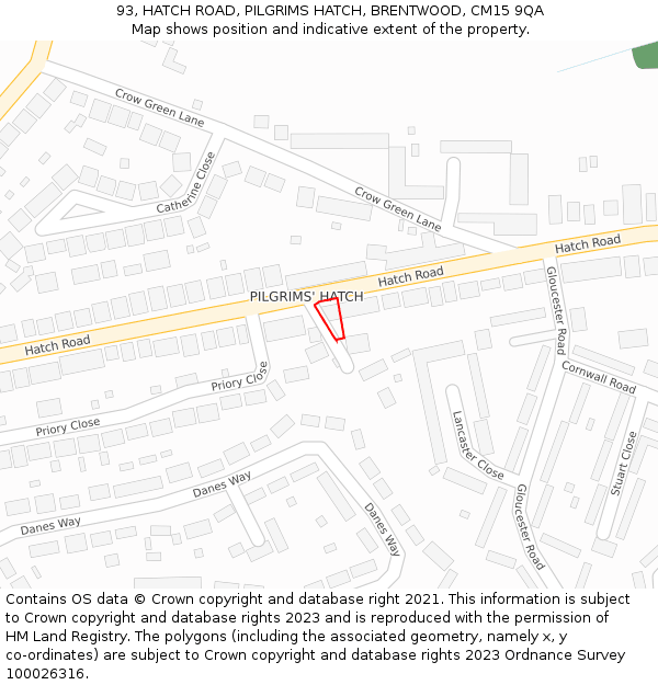 93, HATCH ROAD, PILGRIMS HATCH, BRENTWOOD, CM15 9QA: Location map and indicative extent of plot