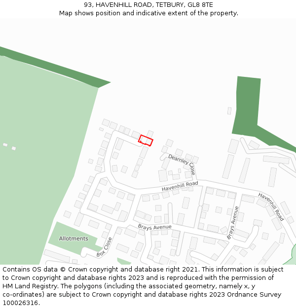 93, HAVENHILL ROAD, TETBURY, GL8 8TE: Location map and indicative extent of plot