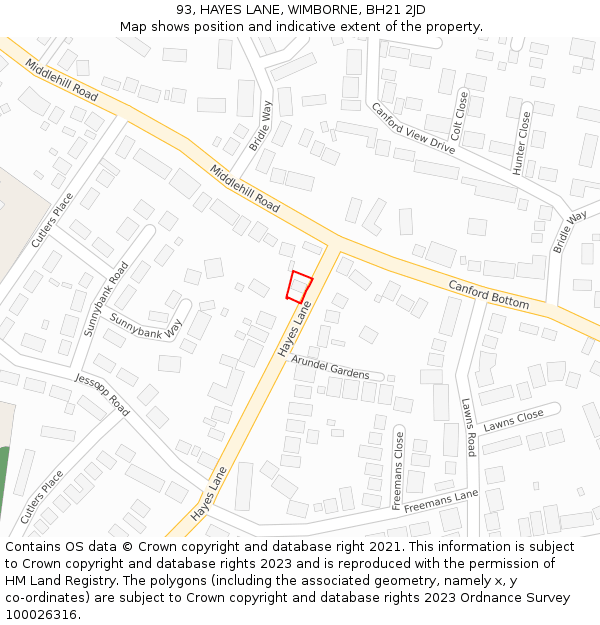 93, HAYES LANE, WIMBORNE, BH21 2JD: Location map and indicative extent of plot