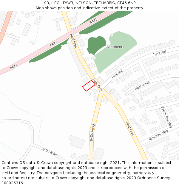 93, HEOL FAWR, NELSON, TREHARRIS, CF46 6NP: Location map and indicative extent of plot