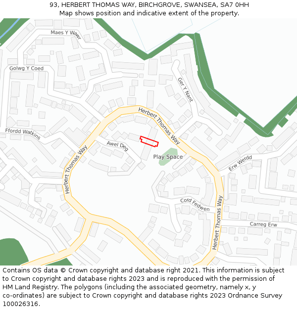 93, HERBERT THOMAS WAY, BIRCHGROVE, SWANSEA, SA7 0HH: Location map and indicative extent of plot