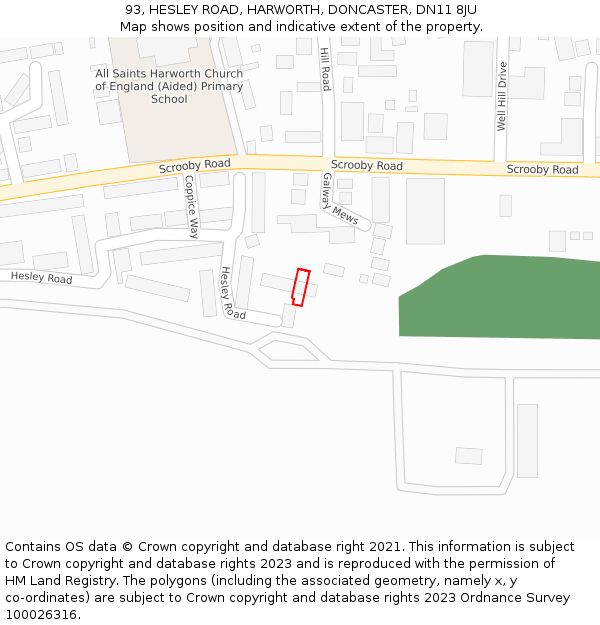 93, HESLEY ROAD, HARWORTH, DONCASTER, DN11 8JU: Location map and indicative extent of plot