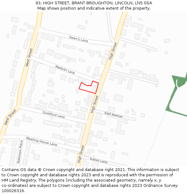 93, HIGH STREET, BRANT BROUGHTON, LINCOLN, LN5 0SA: Location map and indicative extent of plot