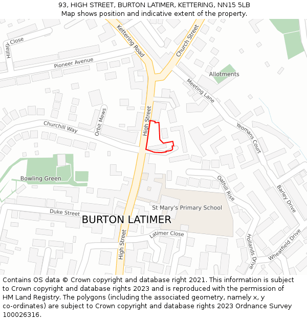93, HIGH STREET, BURTON LATIMER, KETTERING, NN15 5LB: Location map and indicative extent of plot