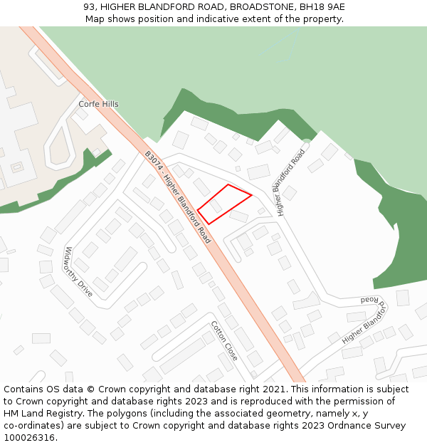 93, HIGHER BLANDFORD ROAD, BROADSTONE, BH18 9AE: Location map and indicative extent of plot