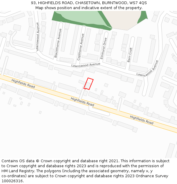 93, HIGHFIELDS ROAD, CHASETOWN, BURNTWOOD, WS7 4QS: Location map and indicative extent of plot