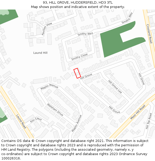 93, HILL GROVE, HUDDERSFIELD, HD3 3TL: Location map and indicative extent of plot