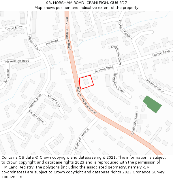 93, HORSHAM ROAD, CRANLEIGH, GU6 8DZ: Location map and indicative extent of plot