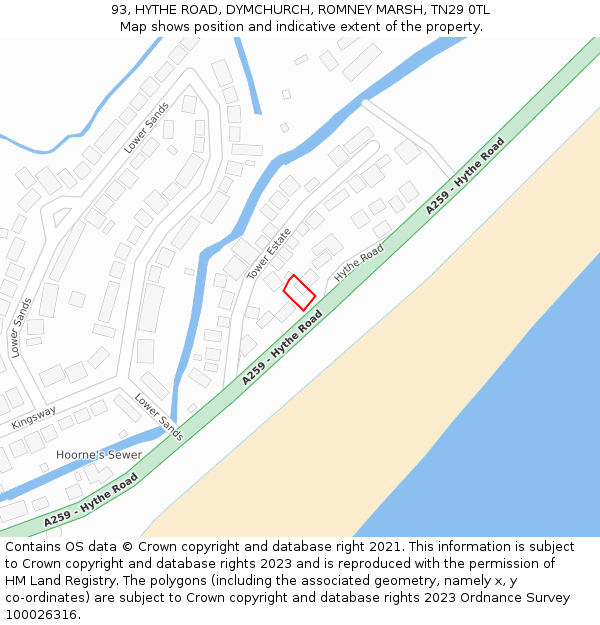 93, HYTHE ROAD, DYMCHURCH, ROMNEY MARSH, TN29 0TL: Location map and indicative extent of plot