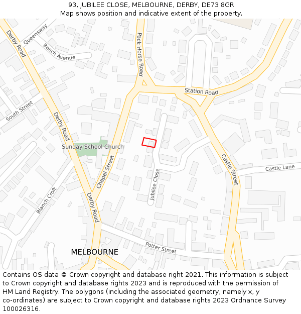 93, JUBILEE CLOSE, MELBOURNE, DERBY, DE73 8GR: Location map and indicative extent of plot