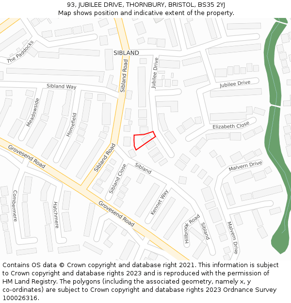 93, JUBILEE DRIVE, THORNBURY, BRISTOL, BS35 2YJ: Location map and indicative extent of plot