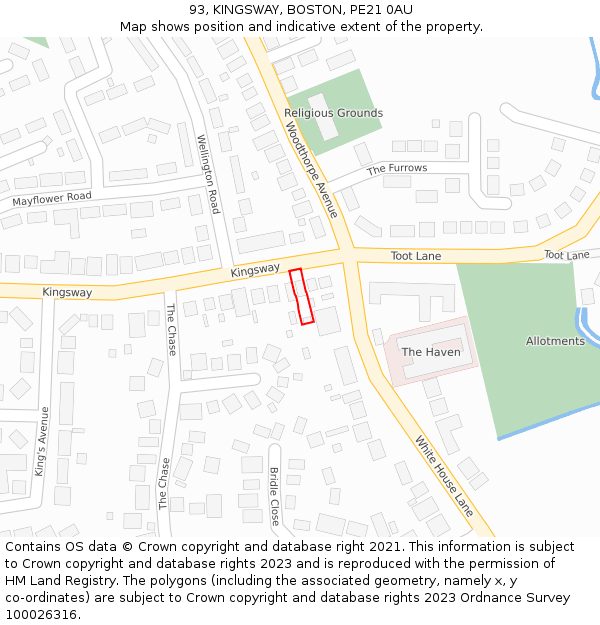 93, KINGSWAY, BOSTON, PE21 0AU: Location map and indicative extent of plot