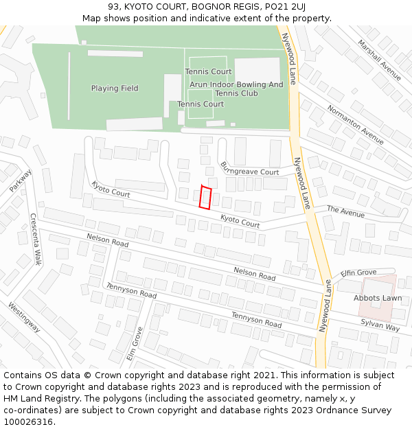 93, KYOTO COURT, BOGNOR REGIS, PO21 2UJ: Location map and indicative extent of plot