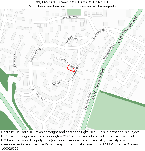 93, LANCASTER WAY, NORTHAMPTON, NN4 8LU: Location map and indicative extent of plot