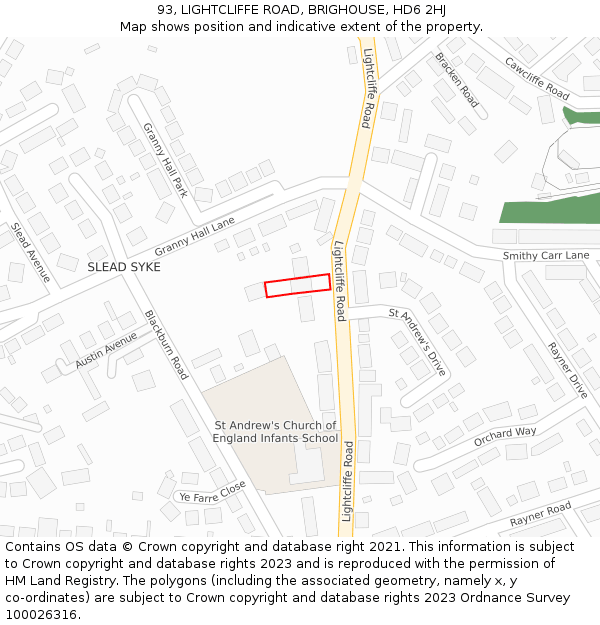 93, LIGHTCLIFFE ROAD, BRIGHOUSE, HD6 2HJ: Location map and indicative extent of plot