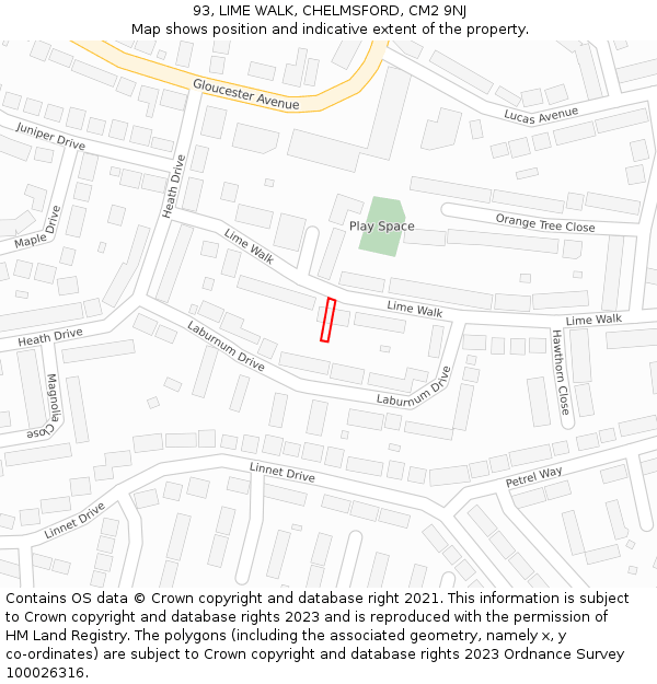 93, LIME WALK, CHELMSFORD, CM2 9NJ: Location map and indicative extent of plot