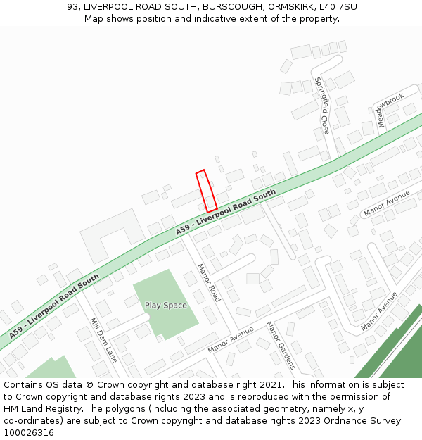 93, LIVERPOOL ROAD SOUTH, BURSCOUGH, ORMSKIRK, L40 7SU: Location map and indicative extent of plot