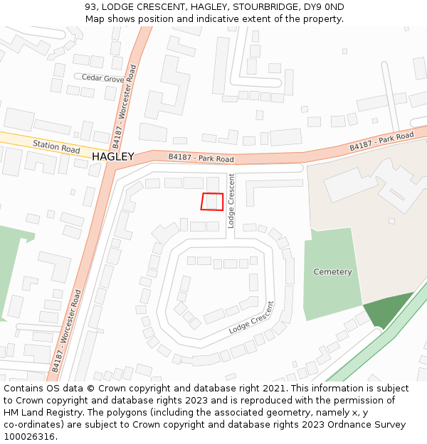 93, LODGE CRESCENT, HAGLEY, STOURBRIDGE, DY9 0ND: Location map and indicative extent of plot