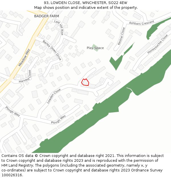 93, LOWDEN CLOSE, WINCHESTER, SO22 4EW: Location map and indicative extent of plot