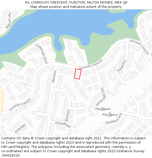 93, LYNMOUTH CRESCENT, FURZTON, MILTON KEYNES, MK4 1JP: Location map and indicative extent of plot