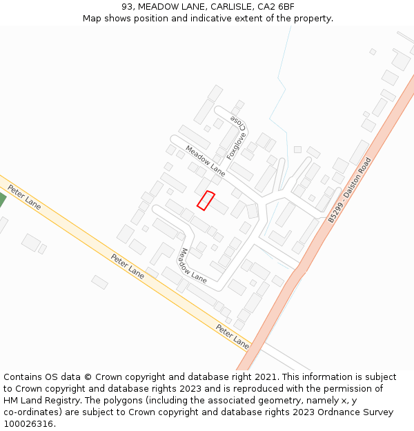 93, MEADOW LANE, CARLISLE, CA2 6BF: Location map and indicative extent of plot