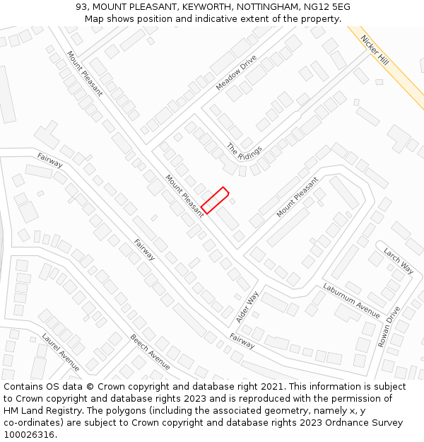 93, MOUNT PLEASANT, KEYWORTH, NOTTINGHAM, NG12 5EG: Location map and indicative extent of plot