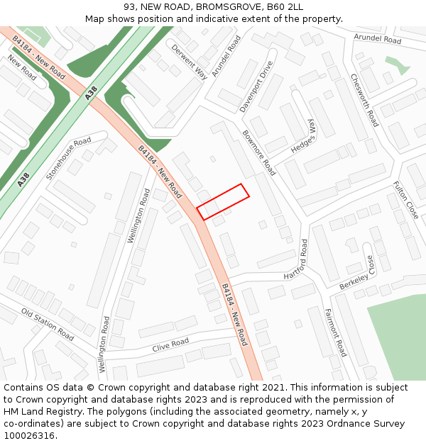 93, NEW ROAD, BROMSGROVE, B60 2LL: Location map and indicative extent of plot