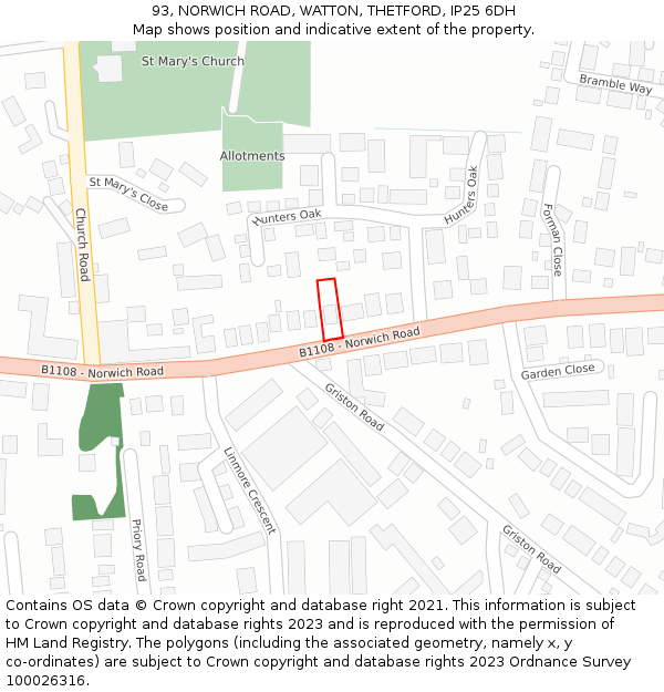 93, NORWICH ROAD, WATTON, THETFORD, IP25 6DH: Location map and indicative extent of plot