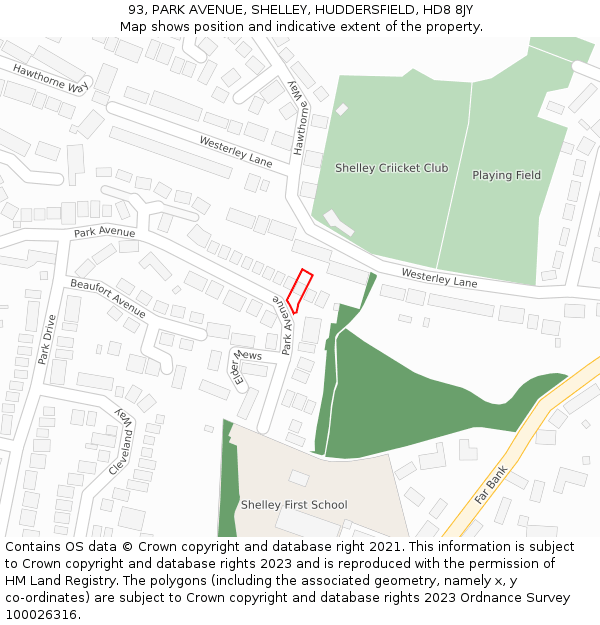 93, PARK AVENUE, SHELLEY, HUDDERSFIELD, HD8 8JY: Location map and indicative extent of plot