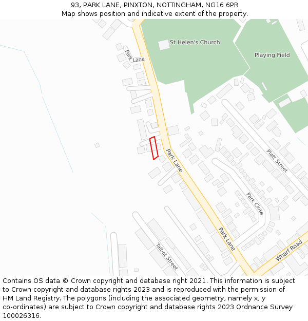 93, PARK LANE, PINXTON, NOTTINGHAM, NG16 6PR: Location map and indicative extent of plot