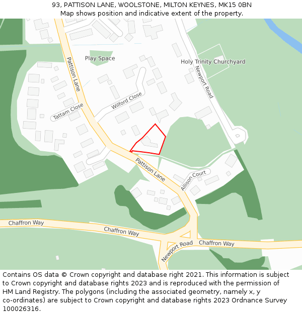 93, PATTISON LANE, WOOLSTONE, MILTON KEYNES, MK15 0BN: Location map and indicative extent of plot