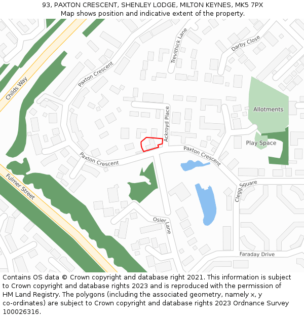 93, PAXTON CRESCENT, SHENLEY LODGE, MILTON KEYNES, MK5 7PX: Location map and indicative extent of plot