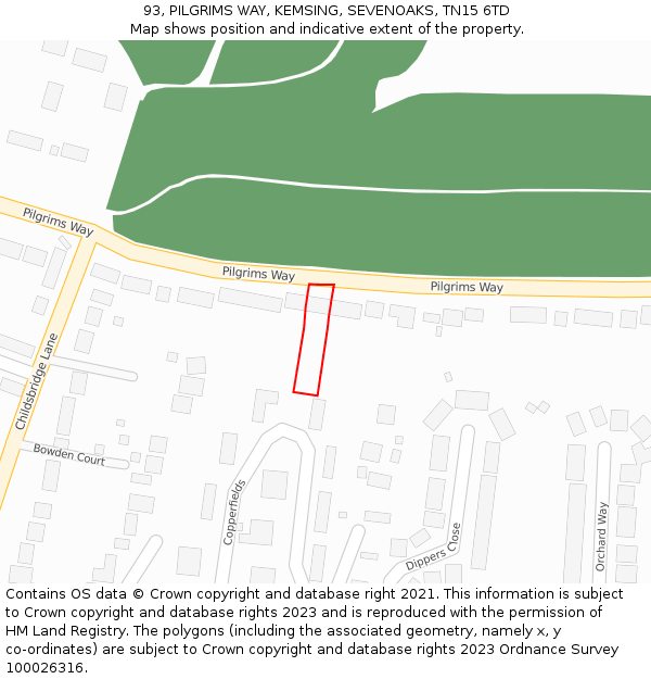 93, PILGRIMS WAY, KEMSING, SEVENOAKS, TN15 6TD: Location map and indicative extent of plot