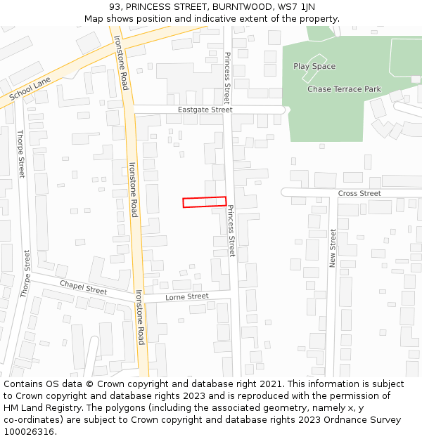 93, PRINCESS STREET, BURNTWOOD, WS7 1JN: Location map and indicative extent of plot