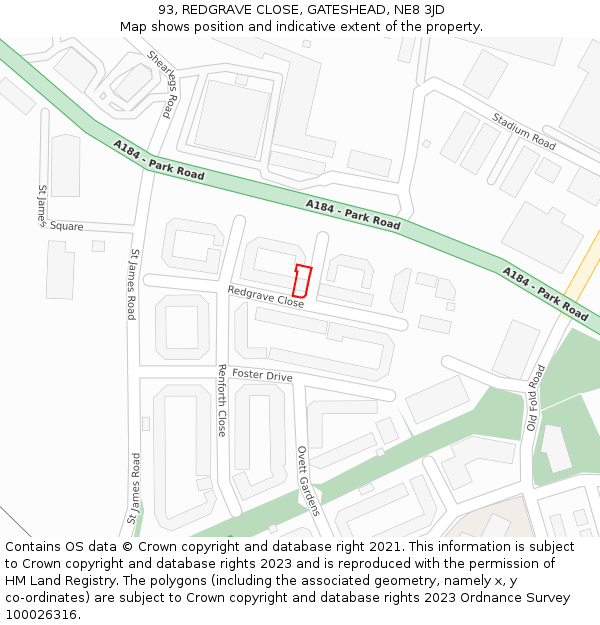 93, REDGRAVE CLOSE, GATESHEAD, NE8 3JD: Location map and indicative extent of plot