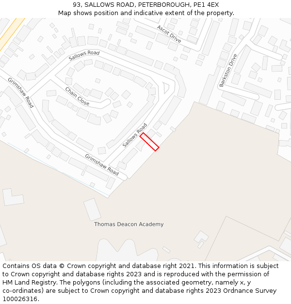 93, SALLOWS ROAD, PETERBOROUGH, PE1 4EX: Location map and indicative extent of plot