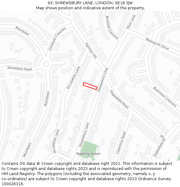 93, SHREWSBURY LANE, LONDON, SE18 3JW: Location map and indicative extent of plot