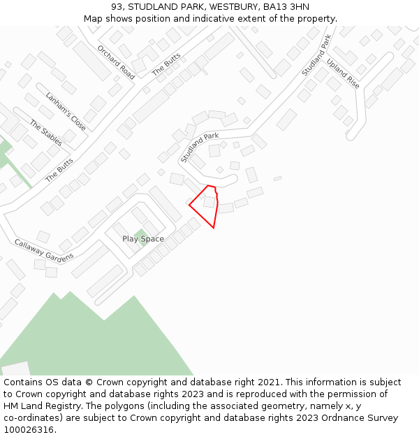 93, STUDLAND PARK, WESTBURY, BA13 3HN: Location map and indicative extent of plot