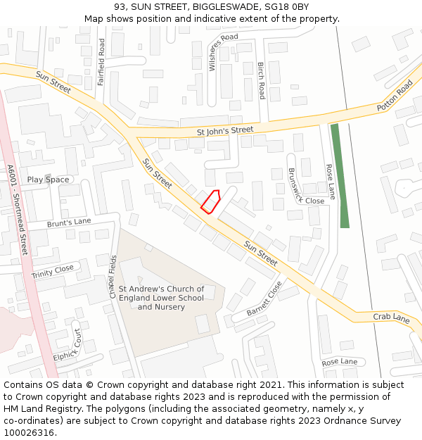 93, SUN STREET, BIGGLESWADE, SG18 0BY: Location map and indicative extent of plot