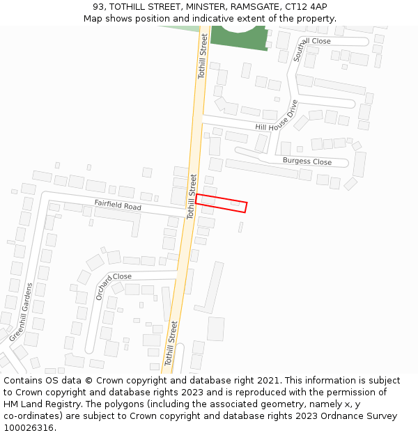 93, TOTHILL STREET, MINSTER, RAMSGATE, CT12 4AP: Location map and indicative extent of plot