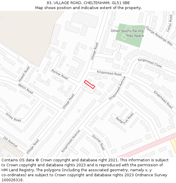 93, VILLAGE ROAD, CHELTENHAM, GL51 0BE: Location map and indicative extent of plot