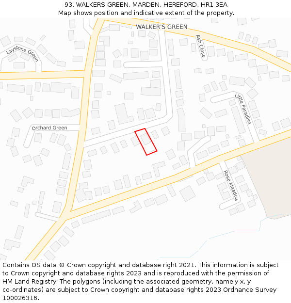 93, WALKERS GREEN, MARDEN, HEREFORD, HR1 3EA: Location map and indicative extent of plot