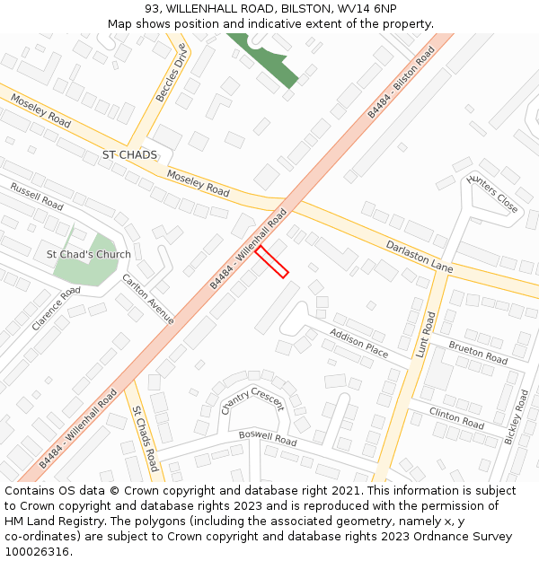 93, WILLENHALL ROAD, BILSTON, WV14 6NP: Location map and indicative extent of plot