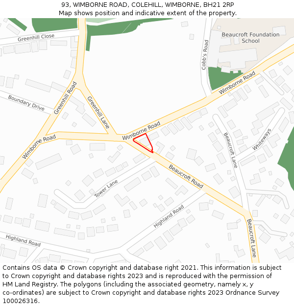 93, WIMBORNE ROAD, COLEHILL, WIMBORNE, BH21 2RP: Location map and indicative extent of plot