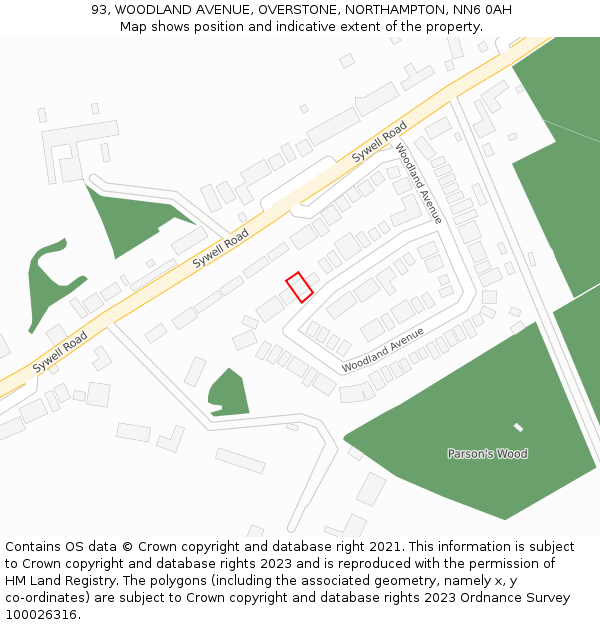 93, WOODLAND AVENUE, OVERSTONE, NORTHAMPTON, NN6 0AH: Location map and indicative extent of plot