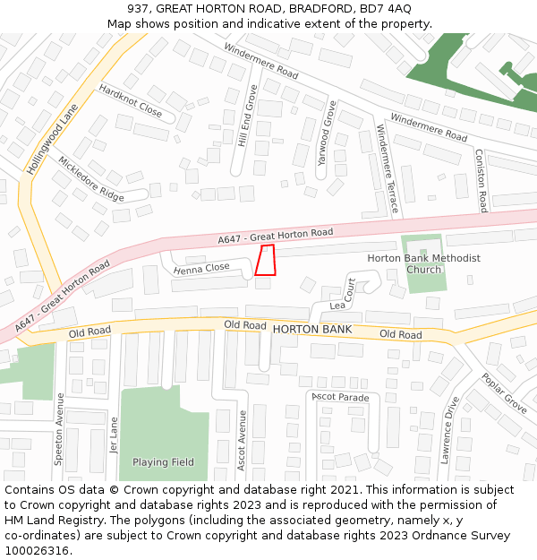937, GREAT HORTON ROAD, BRADFORD, BD7 4AQ: Location map and indicative extent of plot