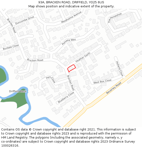 93A, BRACKEN ROAD, DRIFFIELD, YO25 6US: Location map and indicative extent of plot