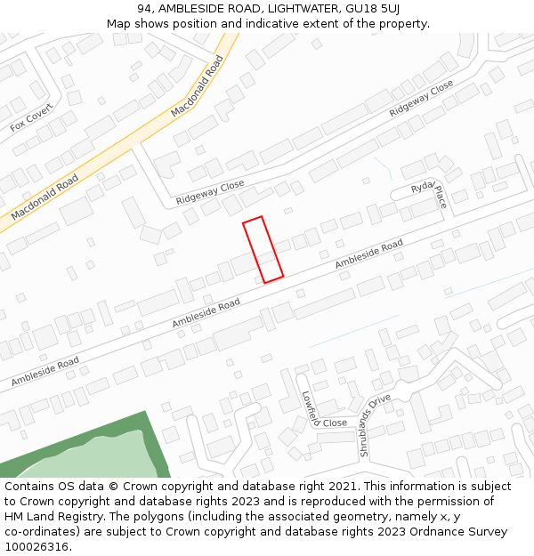 94, AMBLESIDE ROAD, LIGHTWATER, GU18 5UJ: Location map and indicative extent of plot